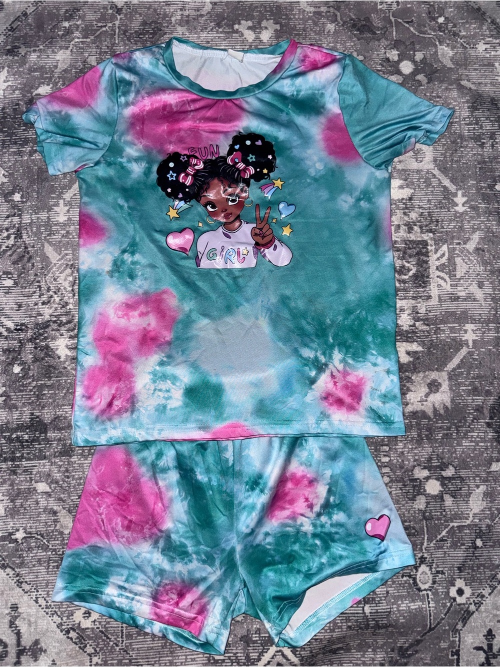 Girls' Tie-Dye Teal & Pink Set with Fun Character